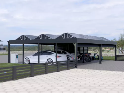 PV Carport mit Garagentor und Geräteschuppen