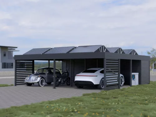 PV Carport mit Abstellraum und Wänden
