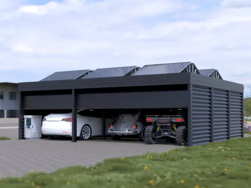 PV Carport mit Garagentor und Garage